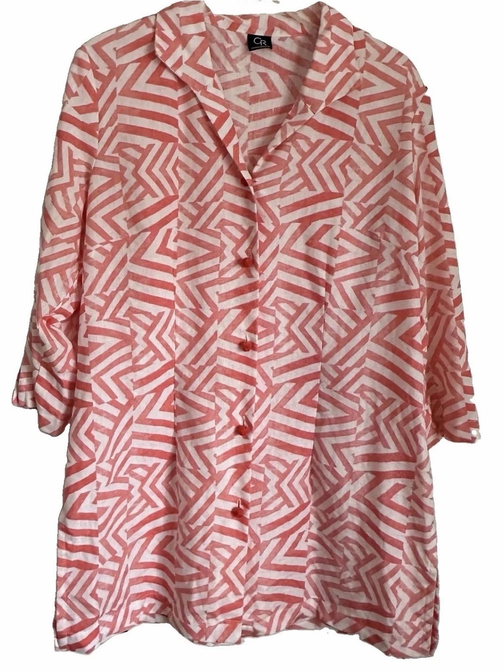 Connie Roberson  Womens L Linen Button Up Top Geometric Lagenlook Summer Coastal